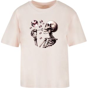 F4NT4STIC Shirt 'Cute Goth Skeleton Blowing Heart Shaped Bubbles'  donkerbruin / oudroze / pastelroze