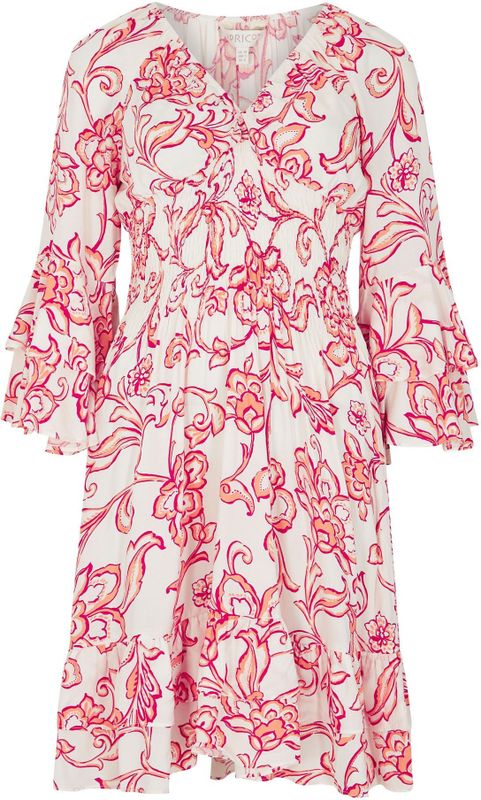 Apricot - Jurk - Pink - Trompetmouwen - V-hals - Bloemenprint - Knielengte - Aansluitende Pasvorm - Driekwart Mouw