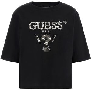 Guess - Aurélie Boxy - T-shirt - Katoen - Wit - Voorste Logo met Pailletten