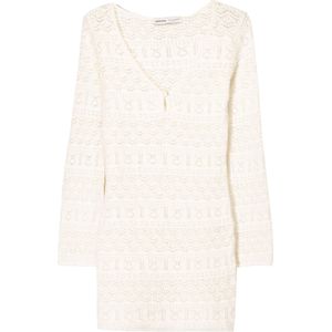 Bershka - Gebreide Jurk - Ecru - V-hals - Korte Lengte - Lange Mouw