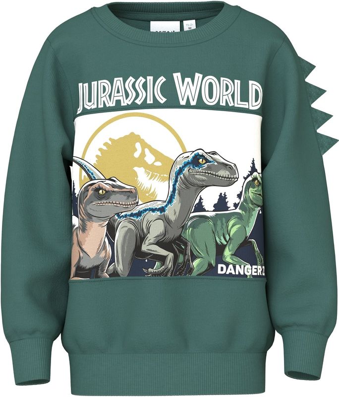 NAME IT Sweatshirt 'NMMOSWALD JURASSIC'  geel / grijs / smaragd / wit