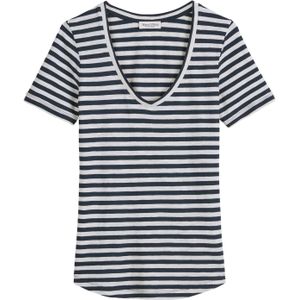 Marc O'Polo - Shirt - Marine/Wit - V-hals - Slanke Pasvorm - Kwartmouw