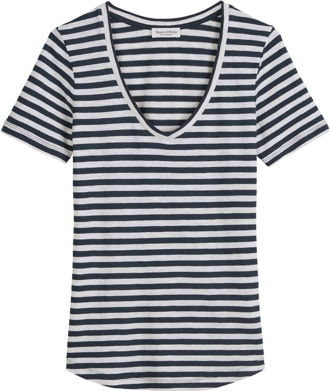Marc O'Polo - Shirt - Marine/Wit - V-hals - Slanke Pasvorm - Kwartmouw