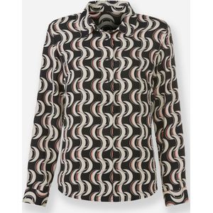 Blouse - Zwart/Zandkleur Gedessineerd - 100% Polyester - Lange Mouwen