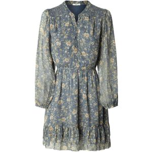 Korte Jurk - Blauw - Polyester - Bloemenprint - Lange Mouwen