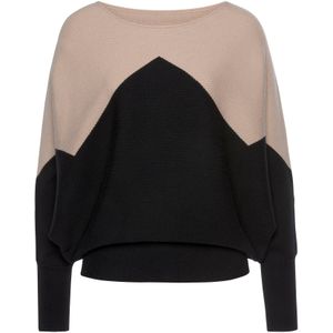 Lascana - Gebreide Trui - Zand/Zwart - Katoen - Colorblock-Look