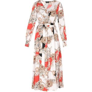faina Jurk  donkerbeige / rood / zwart / wit