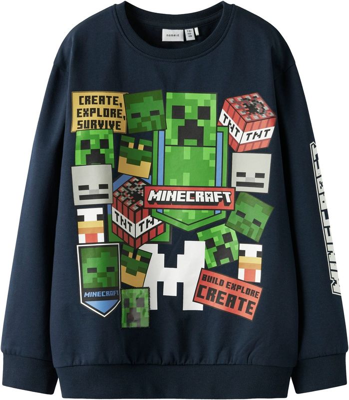 NAME IT Sweatshirt 'NKMNeven Minecraft'  navy / grasgroen / lichtrood / wit