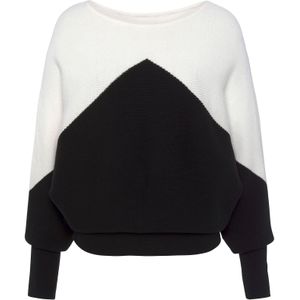Lascana - Gebreide Trui - Wit/Zwart - Colorblock-look - Lichte Vleermuismouwen