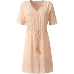 heine - Gedessineerde Jurk - Abrikoos/Ecru - Korte Mouwen - V-hals