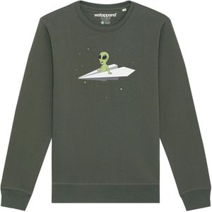 Watapparel Sweatshirt ' Alien on a paper plane '  kaki / wit gemêleerd