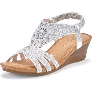 Sandaal - Zilverkleur - Glinsterdetails - Elastische Band - Sleehak