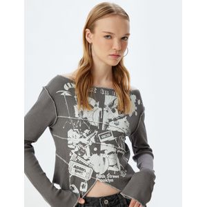 Shirt - Jersey - Strapless/off-shoulder - Motiefprint - Lange Mouw - Korte Pasvorm