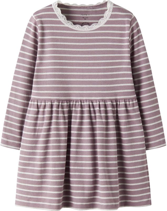 Jurk - Gestreept - O-hals - Lange Mouwen - Regular Fit - Kantdetail - Glitter Detail
