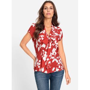 Blouse - Rood/Wit Gedessineerd - 100% Viscose - Knoopsluiting - V-hals - Korte Mouwen