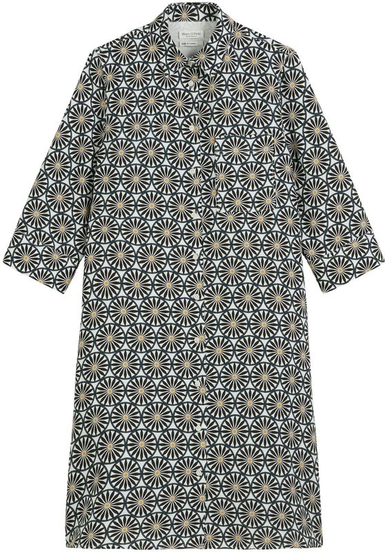 Marc O'Polo - Linnen Jurk - All-over Motief - V-hals - Pofmouwen