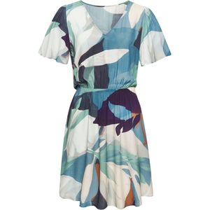 Zomerjurk - Viscose - Korte Jurk - Zwart - Gevoerde Zoom/Rand, Tailleband, V-Hals, Gedrapeerd, All-Over Patroon