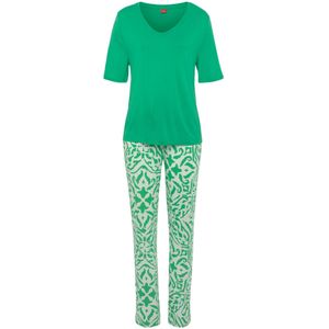 Pyjama - Groen-Ecru Gedessineerd - V-Hals - Korte Mouwen - Basic Pasvorm