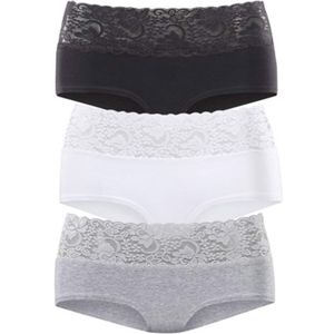 Vivance - Hipster - Zwart/Wit/Grijs mêlee - 3 Stuks - Elastische Katoen met Florale Kant