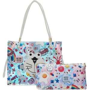 MYMO Shopper 'Pop Eyetheme'  hemelsblauw / robijnrood / zwart / wit