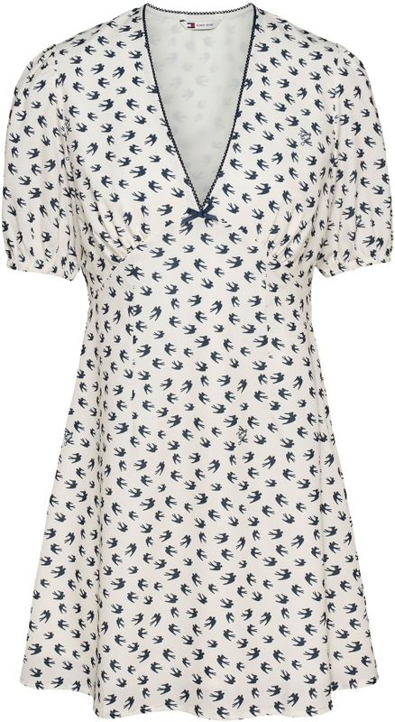 TOMMY JEANS - TJW SS CREPE MINI DRESS - Mini-jurk - Wit - Met Strikdetail en Vogelpatroon