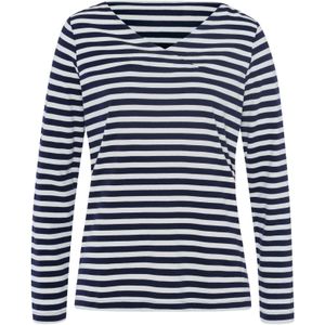 Marine/Ecru Gestreept T-shirt - V-hals - Lange Mouwen - 50% Katoen, 50% Modaal