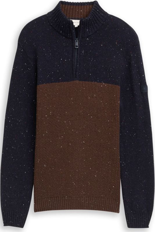 TOM TAILOR - Trui - Donkerblauw / Zwart - Color-Blocking - Halve Rits
