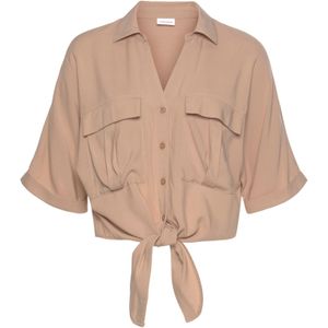 Damesblouse - Camelkleur - Knoopsluiting - Overhemdkraag - Korte Mouwen