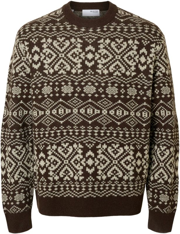 SELECTED - SLHHOLGER - Trui - Donkerbruin - Gerecycled Materiaal - Aztec Print