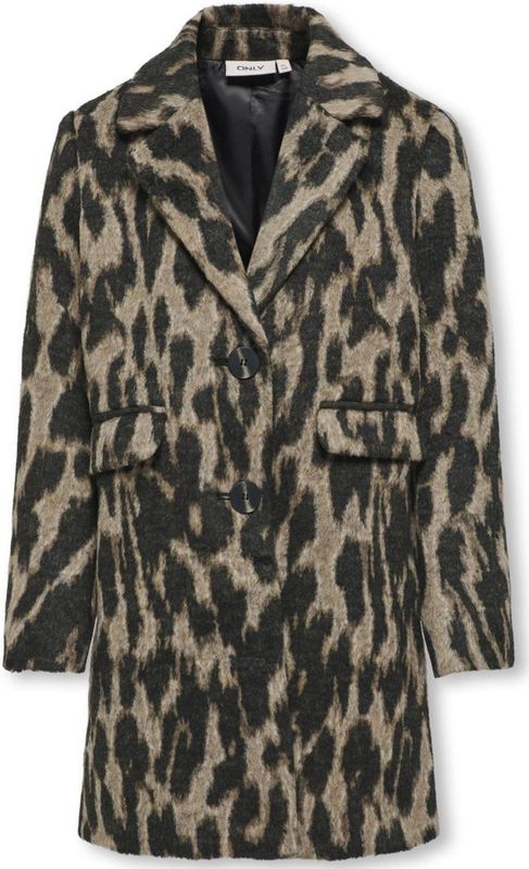 ONLY - Klassieke Mantel - Donkerbeige/Zwart - Dierenprint - Licht Gevoerd