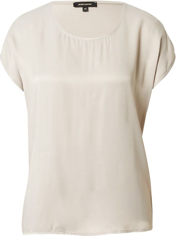 More & More - Shirt - Beige - Satijn - Ronde Hals, Effen Motief, Kwartmouw