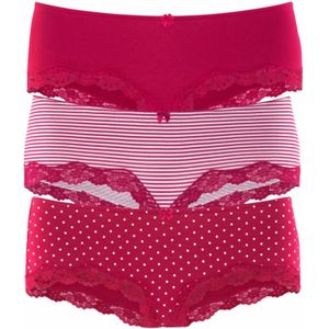 Lascana - Hipster - Rood - 3 Stuks - Elastische Katoen met Delicate Kant