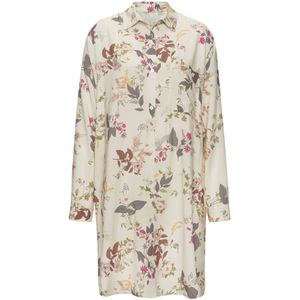 Ecru Gebloemd - Nachthemd - Katoen - Lange Mouwen - Knoopsluiting