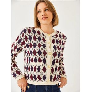 Bianco Lucci Gebreid vest  crème / donkerblauw / karmijnrood