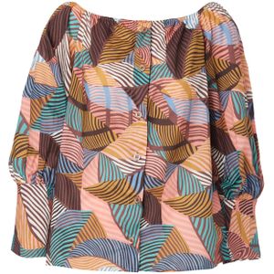 KAN Blouse 'CANOPY'  smoky blue / bruin / citroen / wit