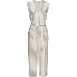 Jumpsuit - Crème-Zwart Gestreept - V-Hals - Mouwloos - Knoopsluiting