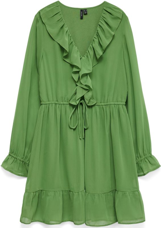 Vmdora - Korte Jurk - Cocktailjurk - V-Hals - Lange Mouwen - Ruches