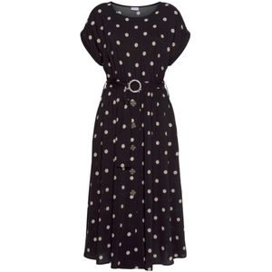 Lascana Midi-jurk - Zwart/zandkleur gedessineerd - Korte Mouwen - Ronde Hals