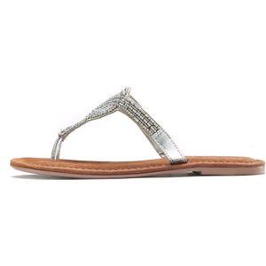 Teenslippers - Zilverkleur - Glitters - Decoratieve Parels - Zachte Leren Binnenzool