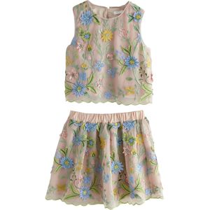 Next Set - 2-delige Tuniek - Beige - Bloemenprint - Mouwloos - Knielengte