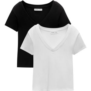 Pull&Bear - Shirt - Zwart/Wit - 2 Pack - Kwartmouw - V-hals