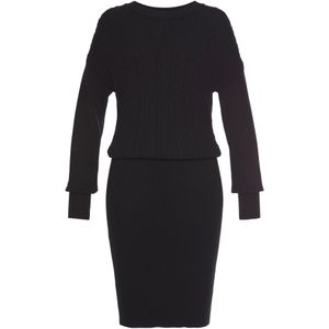 Lascana - Gebreide Jurk - Zwart - Met Kabelpatroon - Elegante Herfst- en Winterjurk - Minijurk