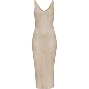 Tricot Jurk - Beige/goudkleur - Diepe V-hals - Mouwloos - Aansluitend