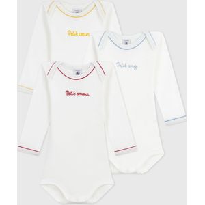 PETIT BATEAU - Set van 3 - Rompertjes - Wit - Lange Mouwen - Amerikaanse Halslijn