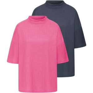 Lascana - Shirt - Pink/Navy - Set van 2 - Korte Mouwen - Opstaande Kraag - Kreukvrije Crêpe-kwaliteit