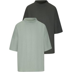 Lascana - Shirt - Grijsgroen/Lindegroen - Korte Mouwen - Opstaande Kraag - Set van 2