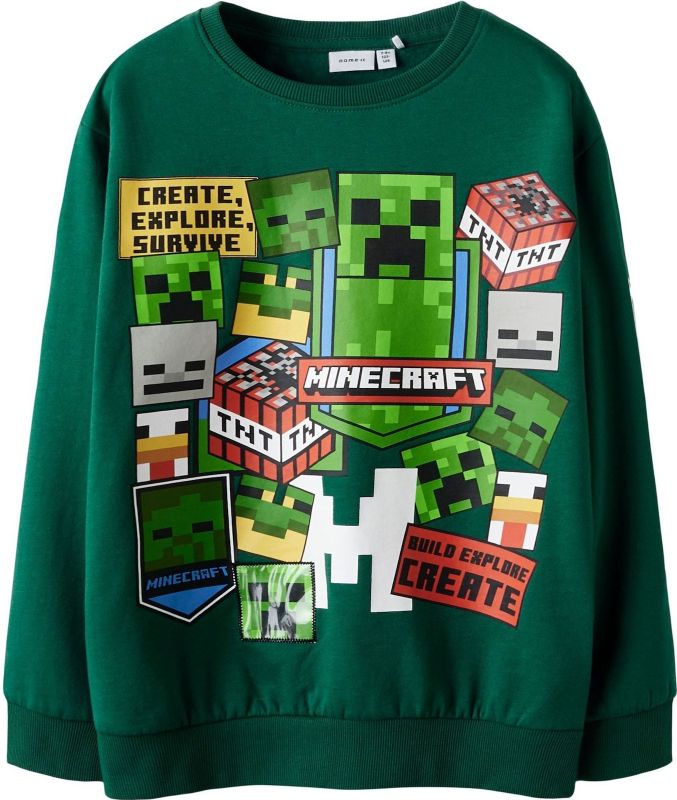 NAME IT Sweatshirt 'NKMNeven Minecraft'  grijs / groen / donkergroen / rood / wit