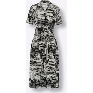Zwart/Wit Gedessineerde Cocktailjurk - Knoopsluiting - Lange Mouwen - V-Hals - 95% Viscose