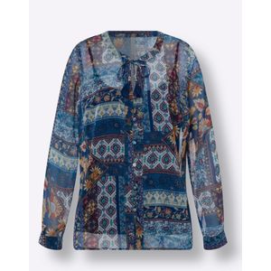 Blouse - Marine/oker Gedessineerd - 100% Polyester - Lange Mouwen
