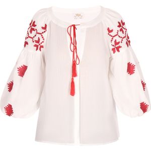 usha - FESTIVAL - Blouse - Rood - Katoen - Pofmouwen - Tuniek Kraag